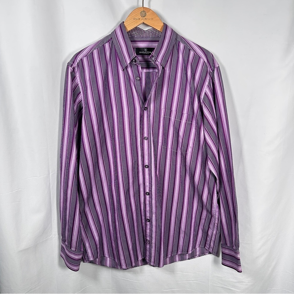 Bugatchi Uomo Cotton Stripe Contrast Cuff Button-Up JEWEL TONE Purple L Office - Picture 2 of 12